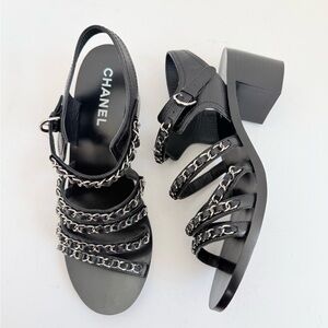 Chanel 20C Chain Strap Sandals Black Calfskin Silver Chain Heel Sandals EU 39.5